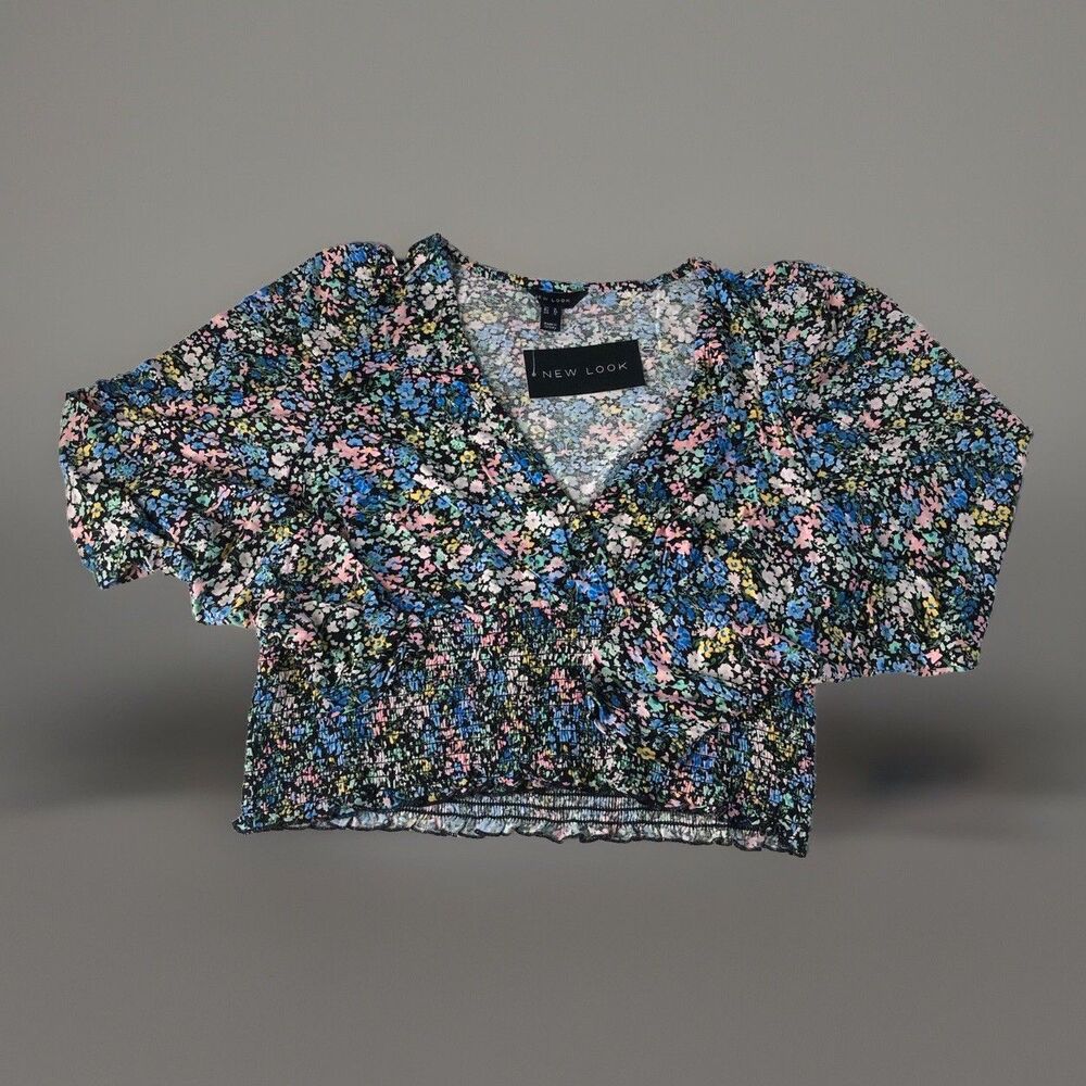 New Look Women’s Crop Top Blouse Ruched Sharred Sleeve Size 12 NWT